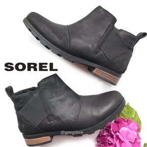 SOREL Emelie Black Leather Waterproof Chelsea Ankle Boots 11